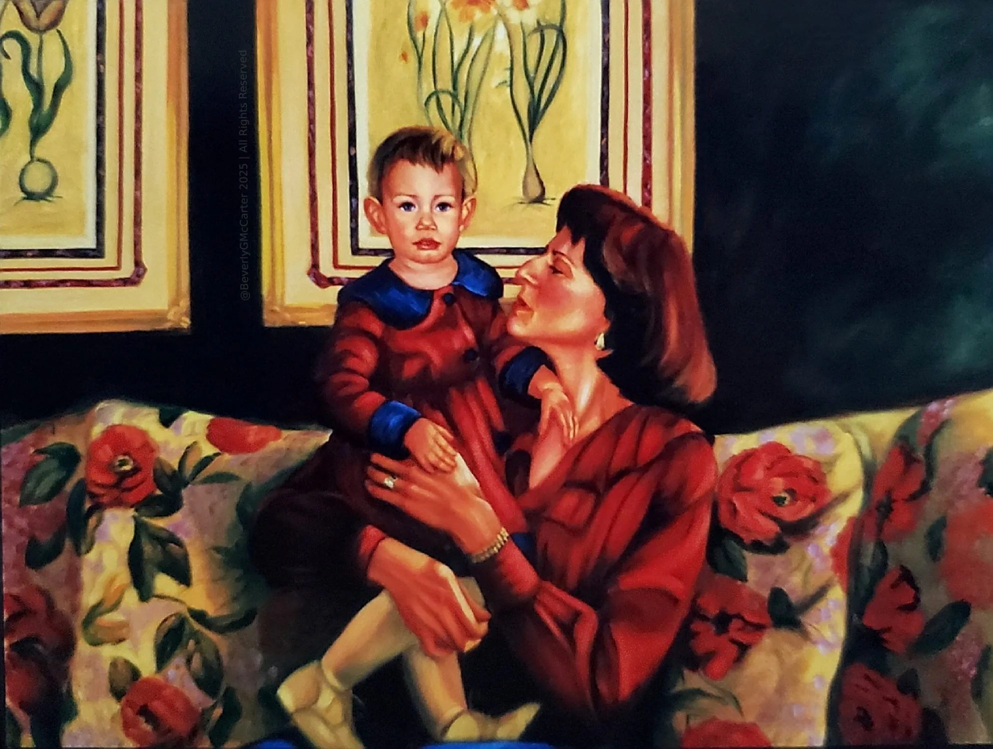 Gentle Whisper oil painting by Beverly G. McCarter, mother and toddler in close intimate moment on floral sofa, evoking love, 1999, 30x40 inches on canvas.