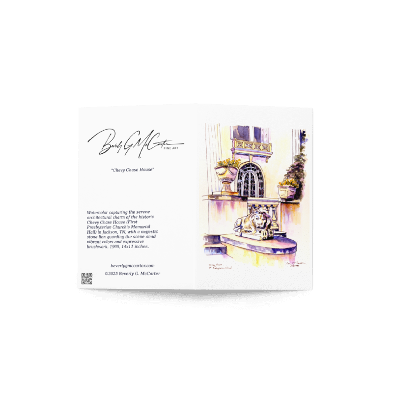 Set of 5 fine art greeting cards featuring Chevy Chase House watercolor by Beverly G. McCarter, serene First Presbyterian hall with stone lion in Jackson TN.
