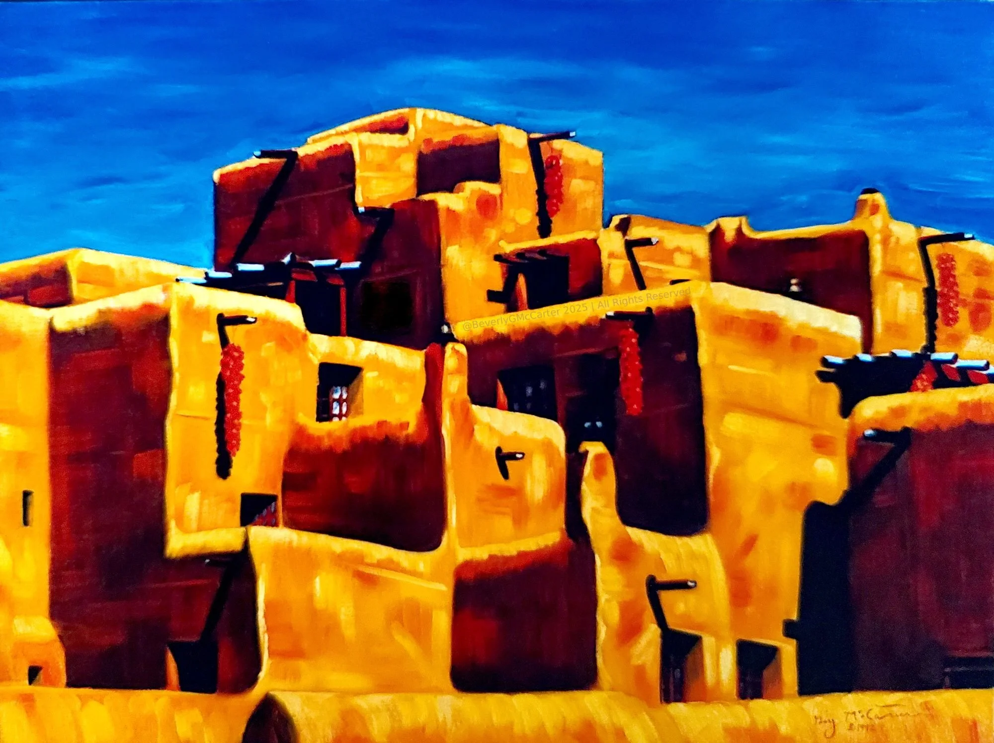 "The Peppers" oil painting by Beverly G. McCarter, golden adobe buildings with red chilis under blue sky, capturing cultural endurance, 1992, 40x30 inches on canvas.