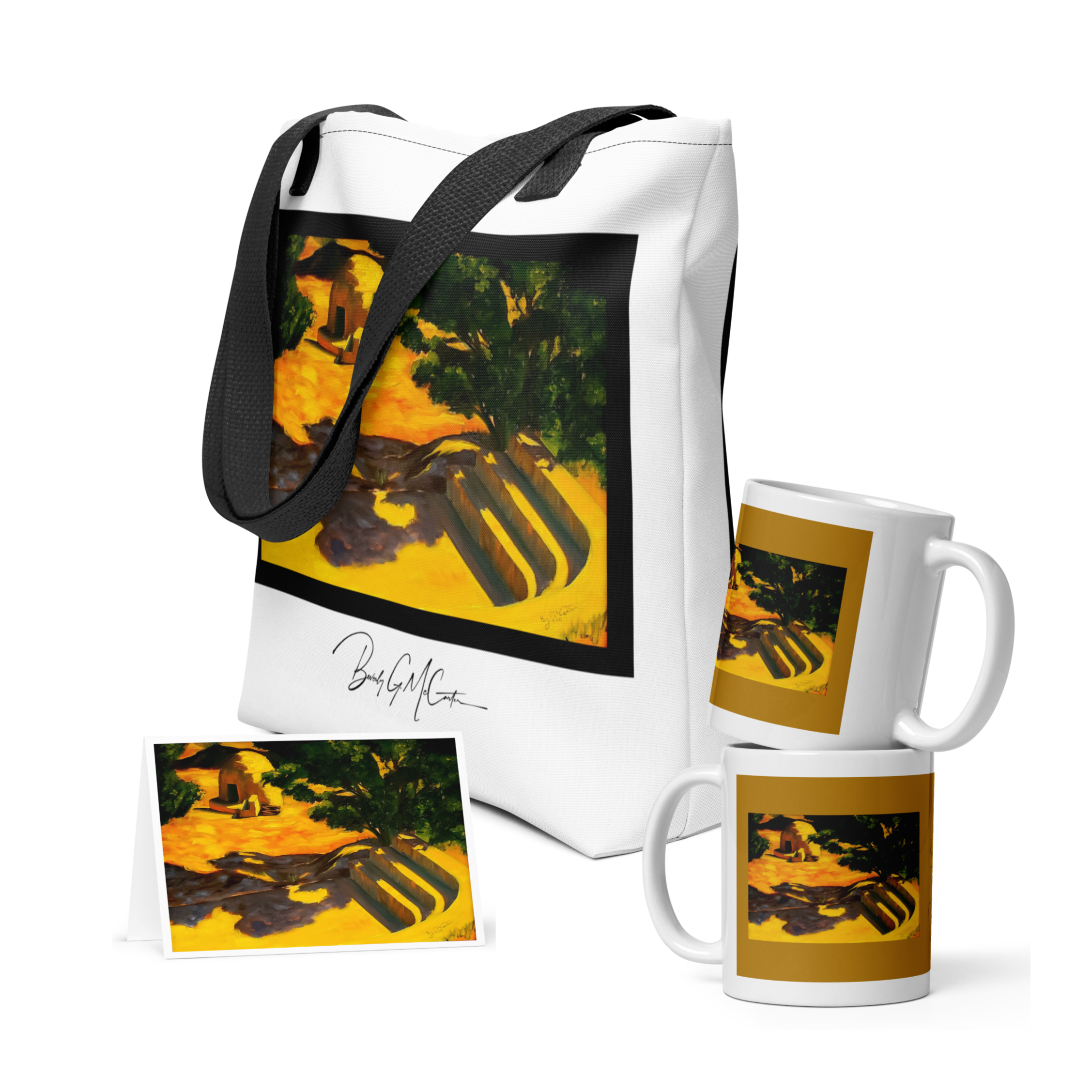 Set of merchandise representing a curated collection including a tote bag, coffee mugs, and a postcard, all featuring the same painting of a native american oven in desert on a golden-ochre background