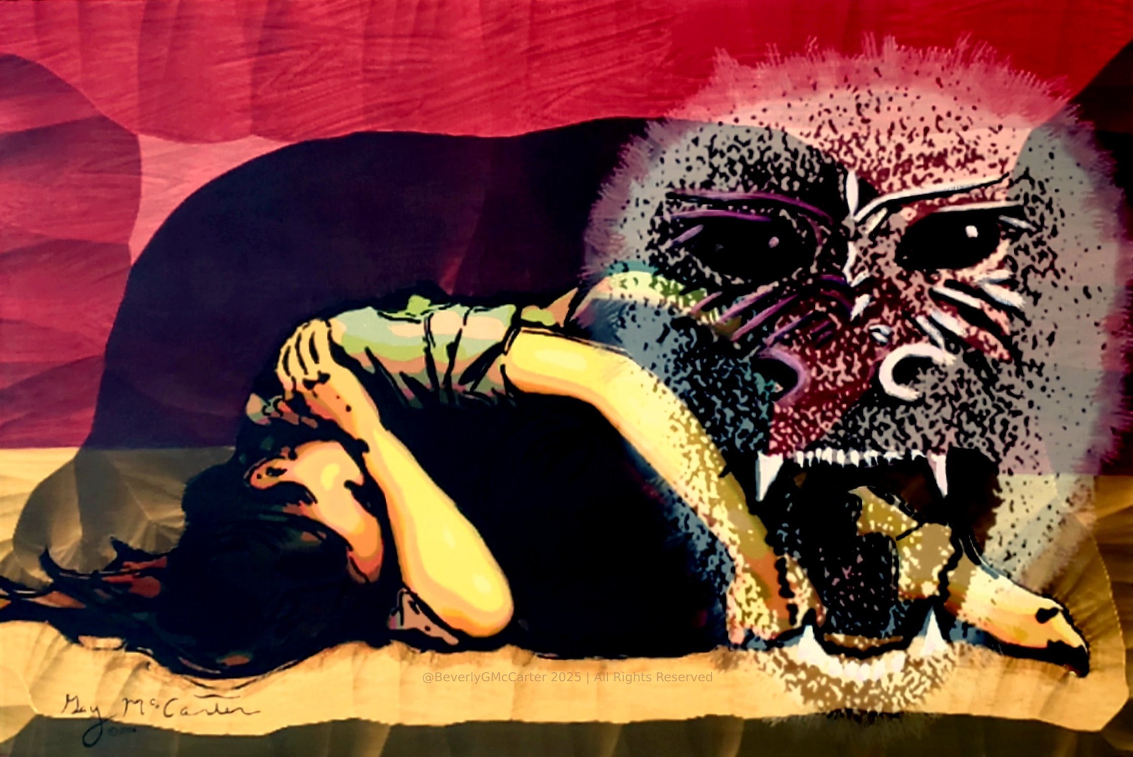 “Shock the Monkey” (2004) - Surreal Figurative Horror Painting by Beverly McCarter on Inner Fears and Vulnerability. 30×20 in, digital with acrylic touches on canvas.