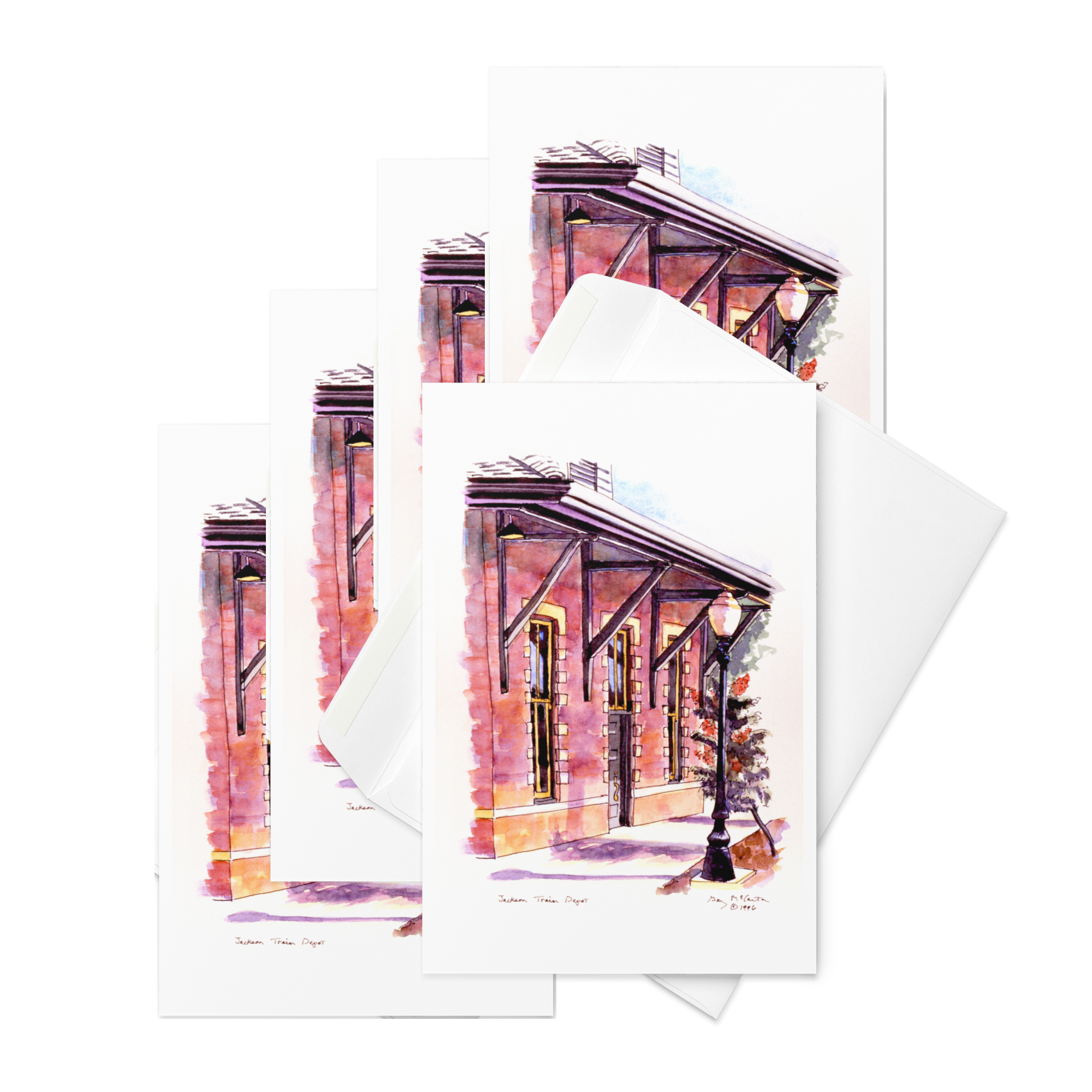 “Jackson Train Depot” 1996 watercolor by Beverly G. McCarter – architectural lines meeting rhythms of connection and departure, set of 5 Fine Art Note Cards.
