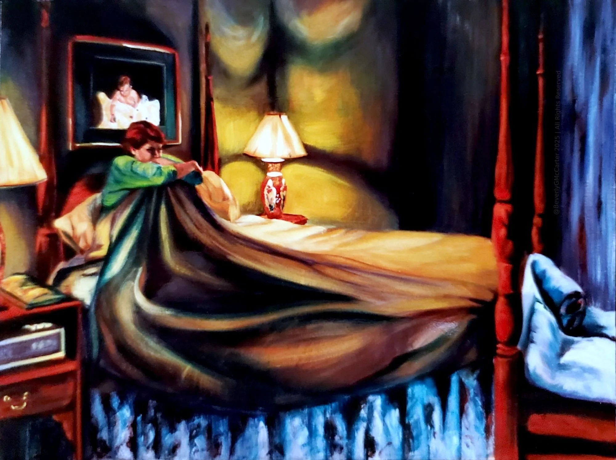 "Night Terrors" oil painting by Beverly G. McCarter, woman in bed clutching knees amid fear and shadows, 40x30 inches on canvas.