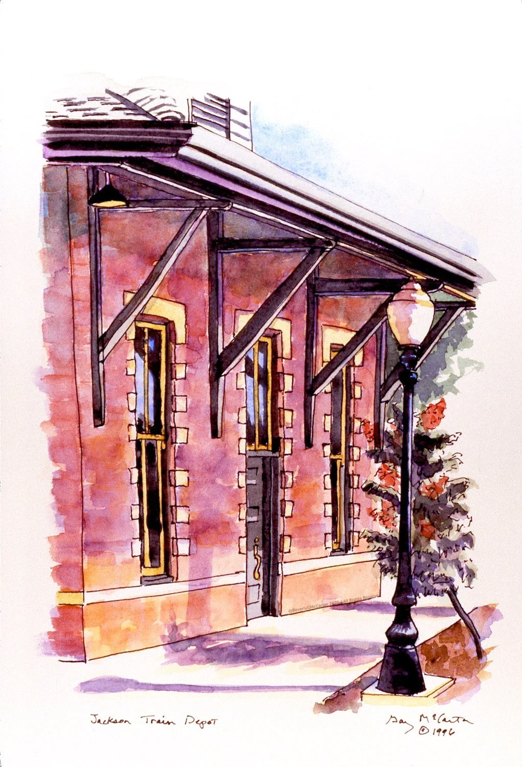 Jackson Train Depot watercolor by Beverly G. McCarter, capturing timeless charm and human transitions in architecture, 1996, 14x11 inches.