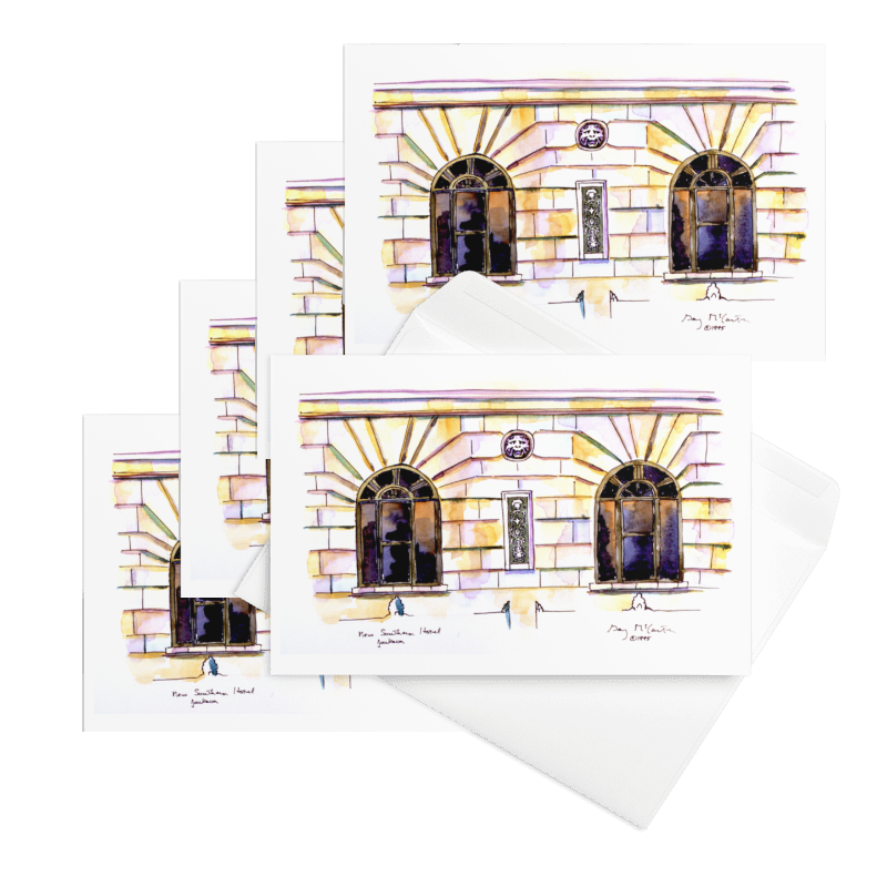 “New Southern Hotel” 1995 watercolor by Beverly G. McCarter – Jackson TN hotel's ornate windows and transitional spaces whispering Southern elegance, set of 5 Fine Art Note Cards.