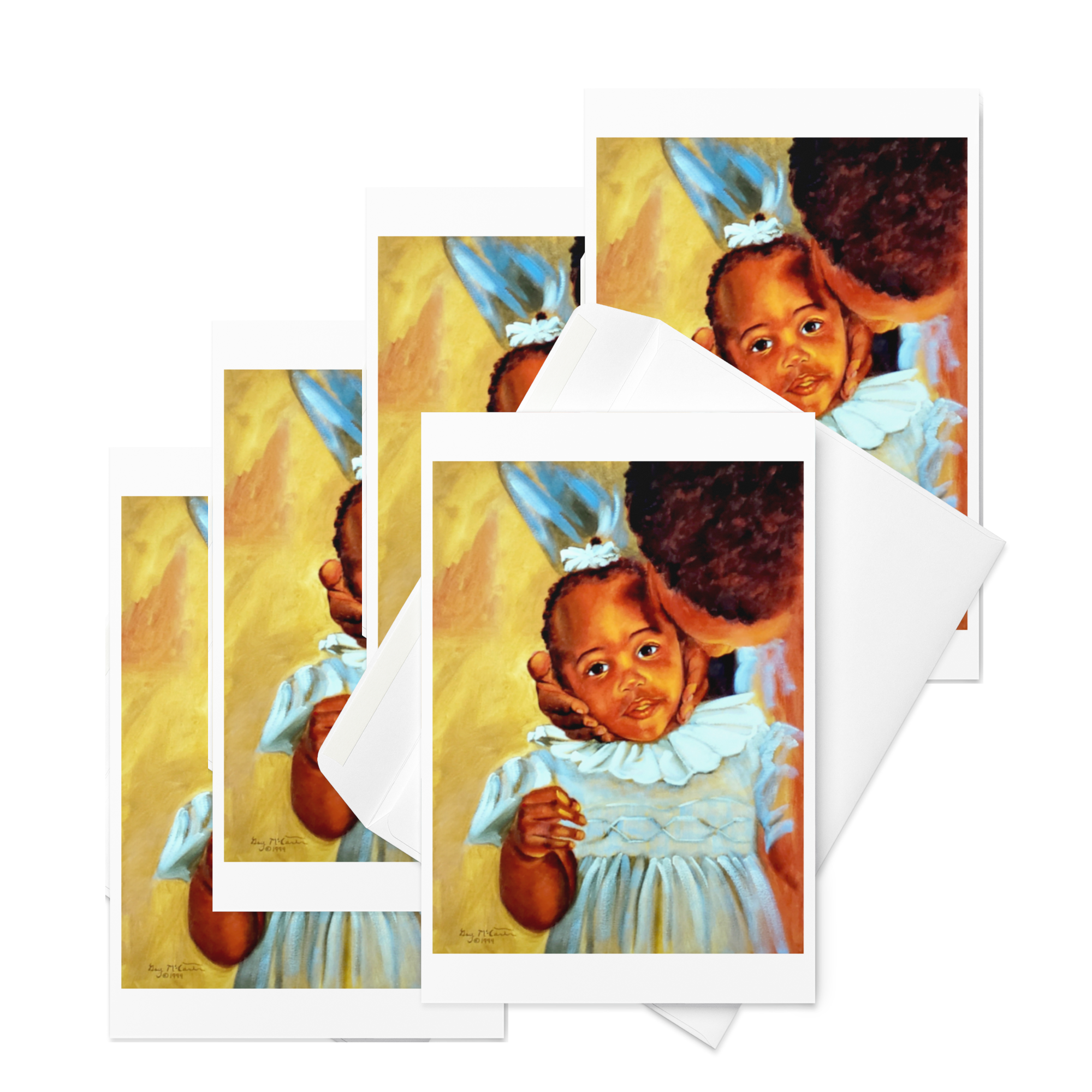“Mama’s Hands”  1999 oil by Beverly G. McCarter – child's face cradled in loving hands with soft light, protection and belonging, set of 5 Fine Art Note Cards.