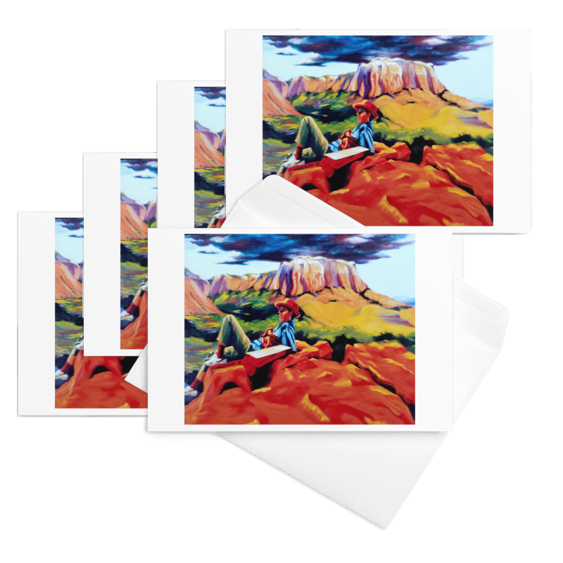“On the Edge” 1992 oil painting by Beverly G. McCarter – woman on New Mexico boulder with red mesas and sky, contemplation and renewal, set of 5 Fine Art Note Cards.