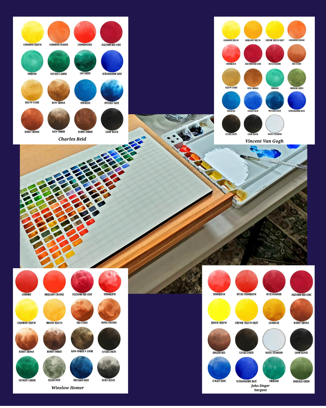 Image of 4 well known artist palettes belonging to Vincent Van Gogh, Winslow Homer, John Singer Sargent, and Charles Reid _ highlighting their unique styles.