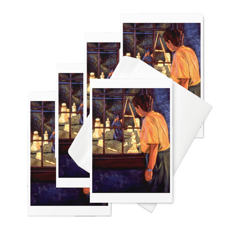 “Beckoning” 1995 oil by Beverly G. McCarter – figure at window viewing cemetery with statues and hooded presence, reflection on mortality, set of 5 Fine Art Note Cards.
