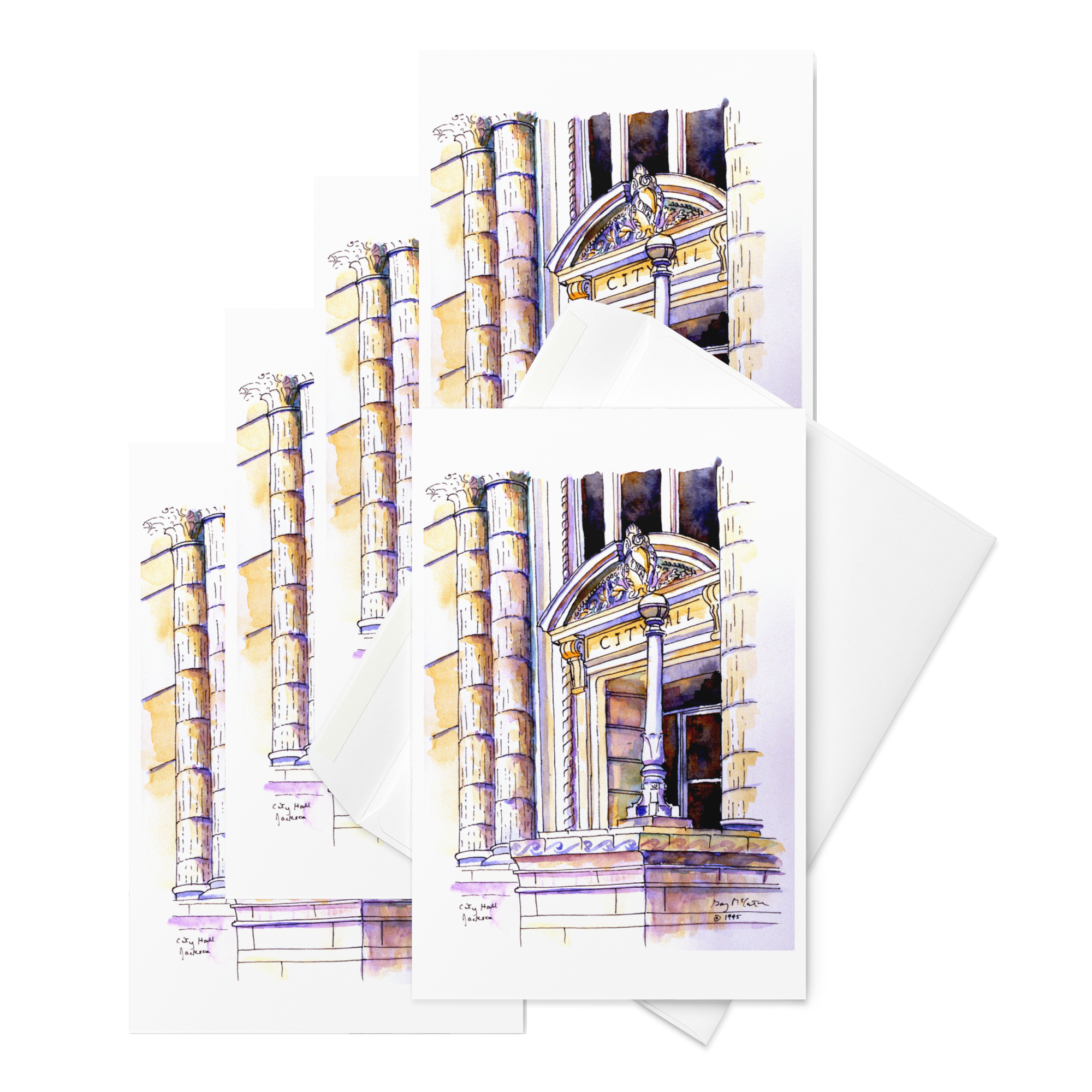 “City Hall” 1995 watercolor by Beverly G. McCarter – Jackson TN's Art Deco columns and eagle pediment tributing civic pride, set of 5 Fine Art Note Cards.