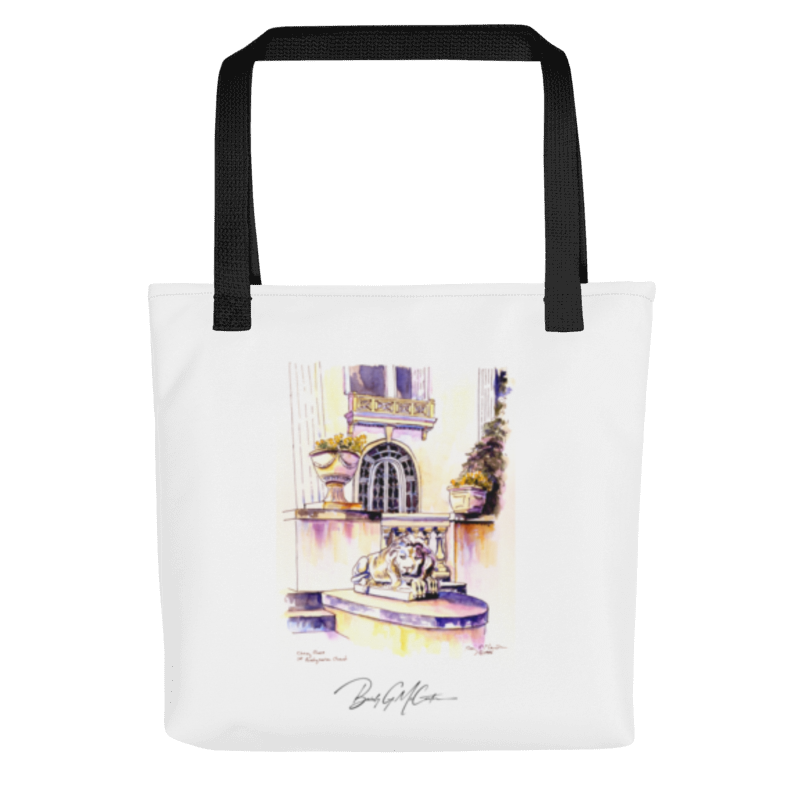 Polyester tote bag with Chevy Chase House watercolor print by Beverly G. McCarter, Memorial Hall arches and guardian lion in vibrant strokes.