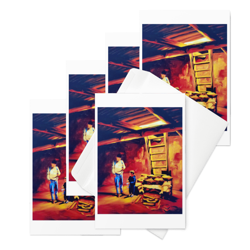 “The Kiva” 1995 oil by Beverly G. McCarter – father answering son's questions in sacred kiva with warm earth tones, generational wisdom, set of 5 Fine Art Note Cards.