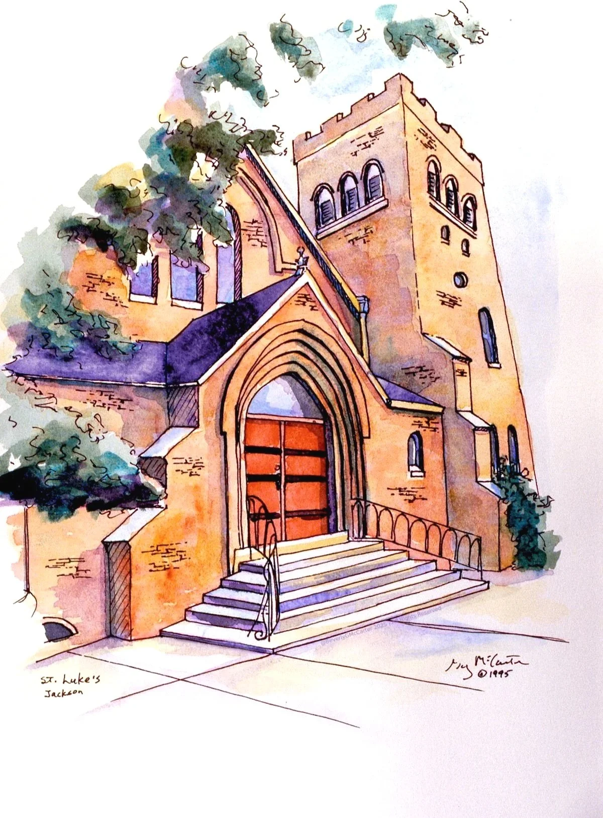 St. Luke's Church watercolor sketch by Beverly G. McCarter, Gothic Revival structure with bell tower and red doors in Jackson TN, 1995, 14x11 inches.