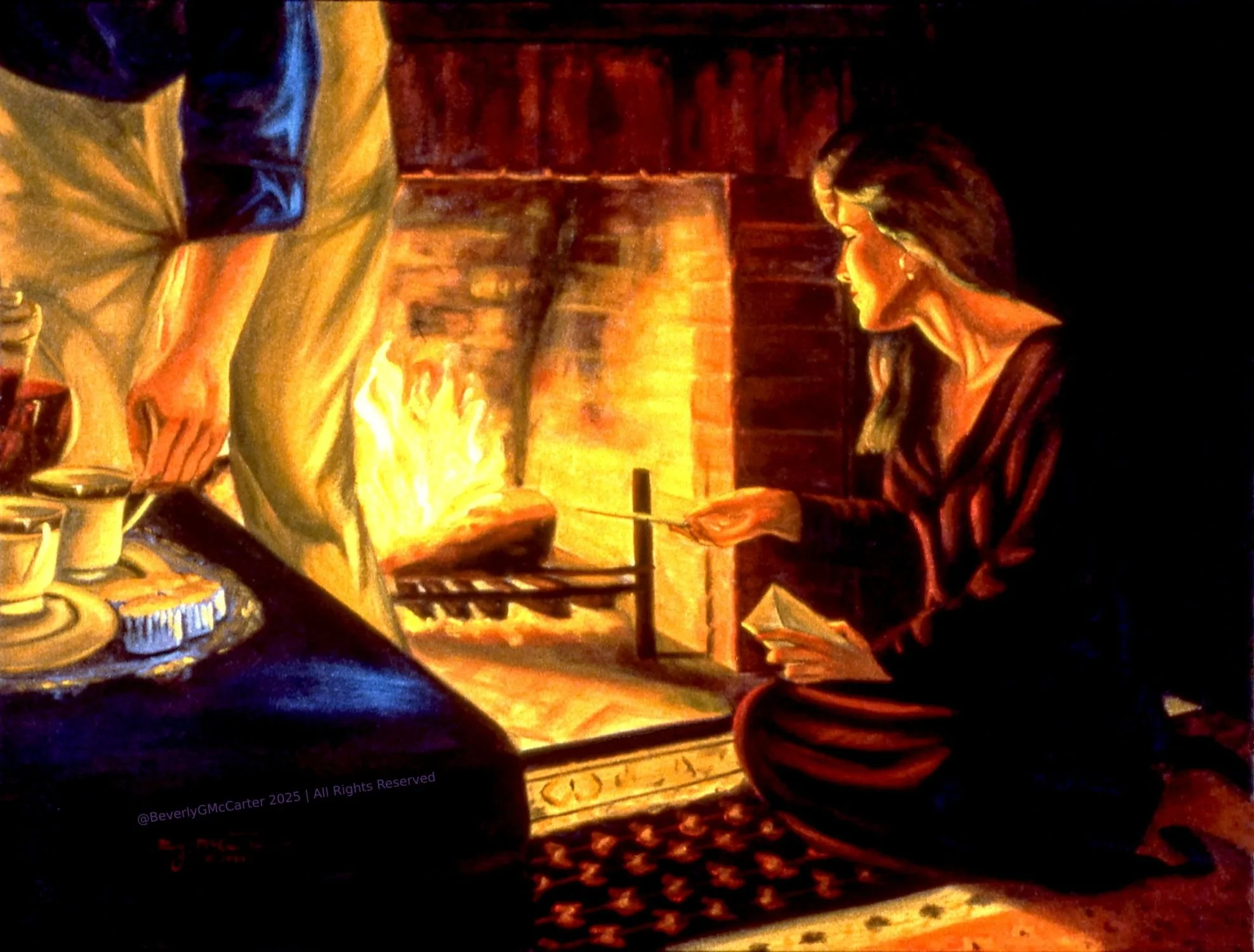 "The Letters" oil painting by Beverly G. McCarter, woman burning letters by fireplace, capturing release and memory, 40x30 inches on canvas.