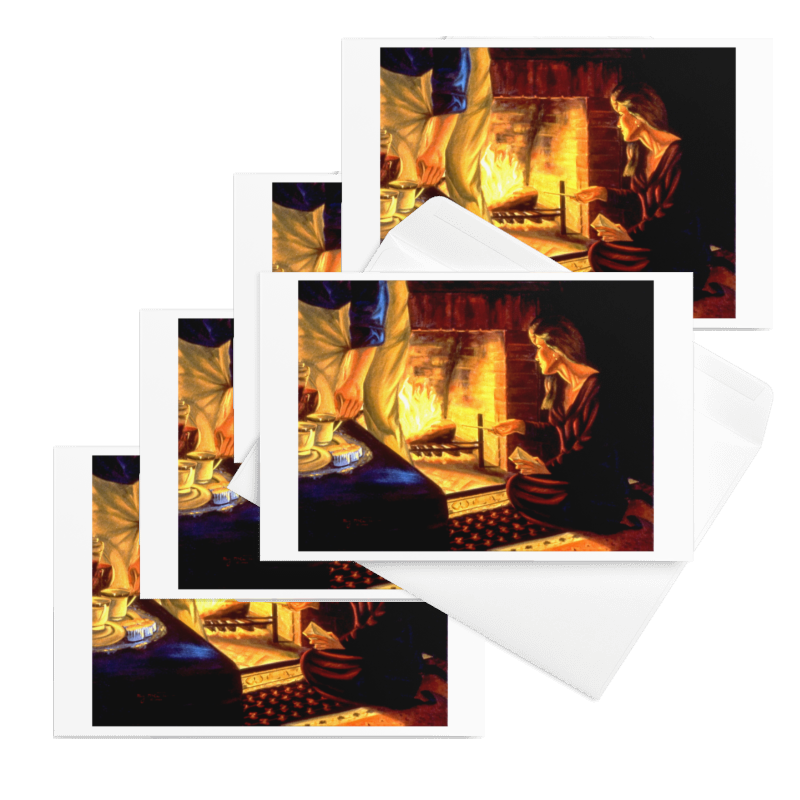 “The Letters” 1994 oil by Beverly G. McCarter – woman burning letters by fireplace with companion offering tea, release and solace, set of 5 Fine Art Note Cards.