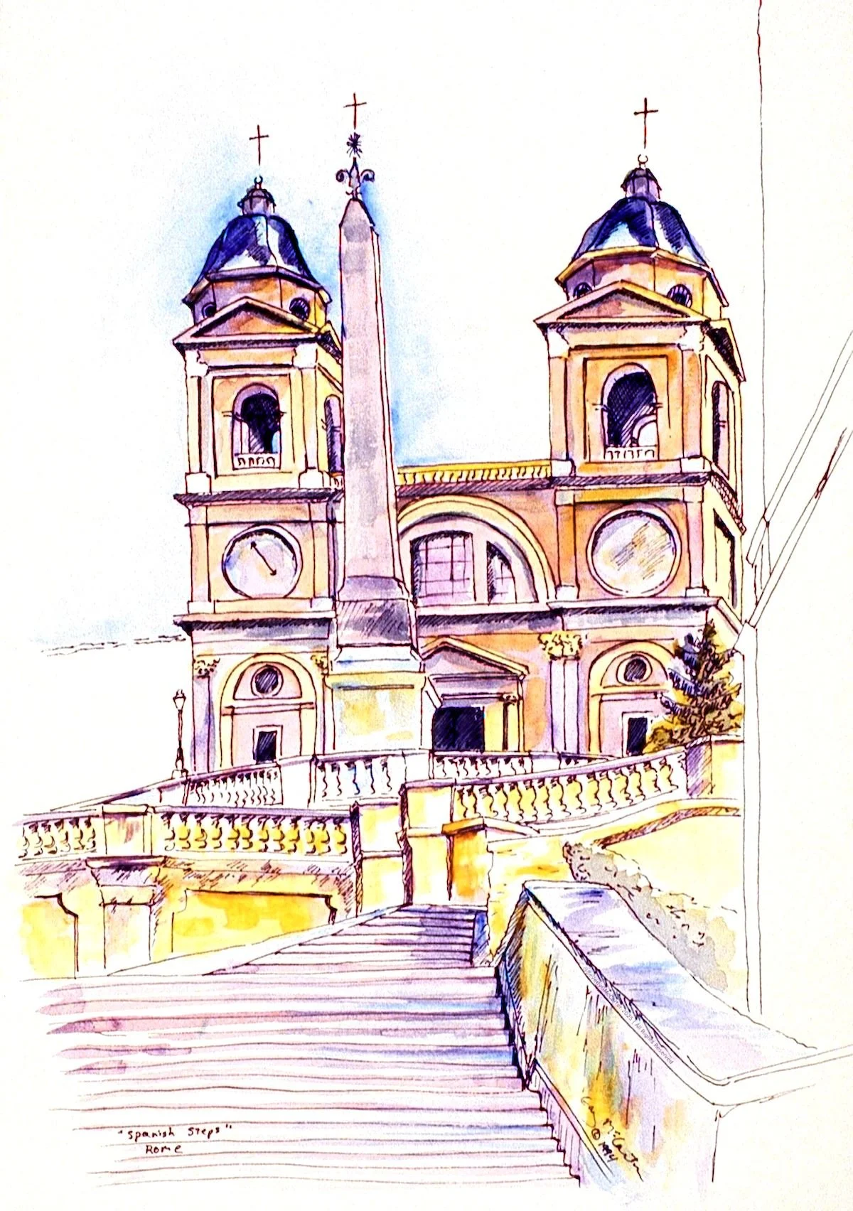 Spanish Steps watercolor sketch by Beverly G. McCarter, illustrating Rome's Baroque staircase to Trinità dei Monti with obelisk and balustrades, 1994, 14x11 inches.