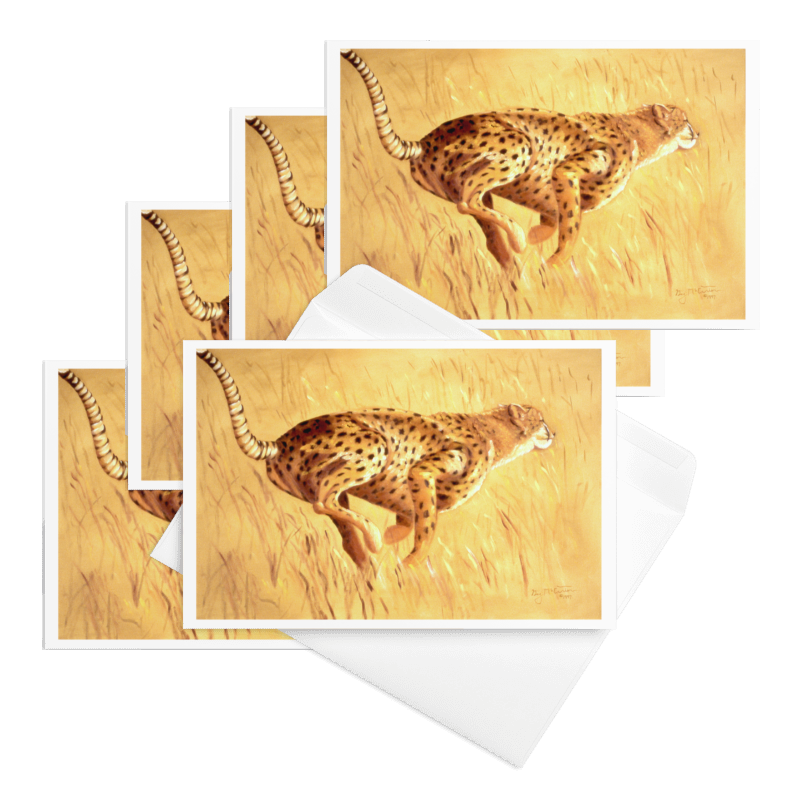 “Need for Speed” 1997 oil by Beverly G. McCarter – cheetah sprinting across sunlit grass, power and balance in predator's world, set of 5 Fine Art Note Cards.