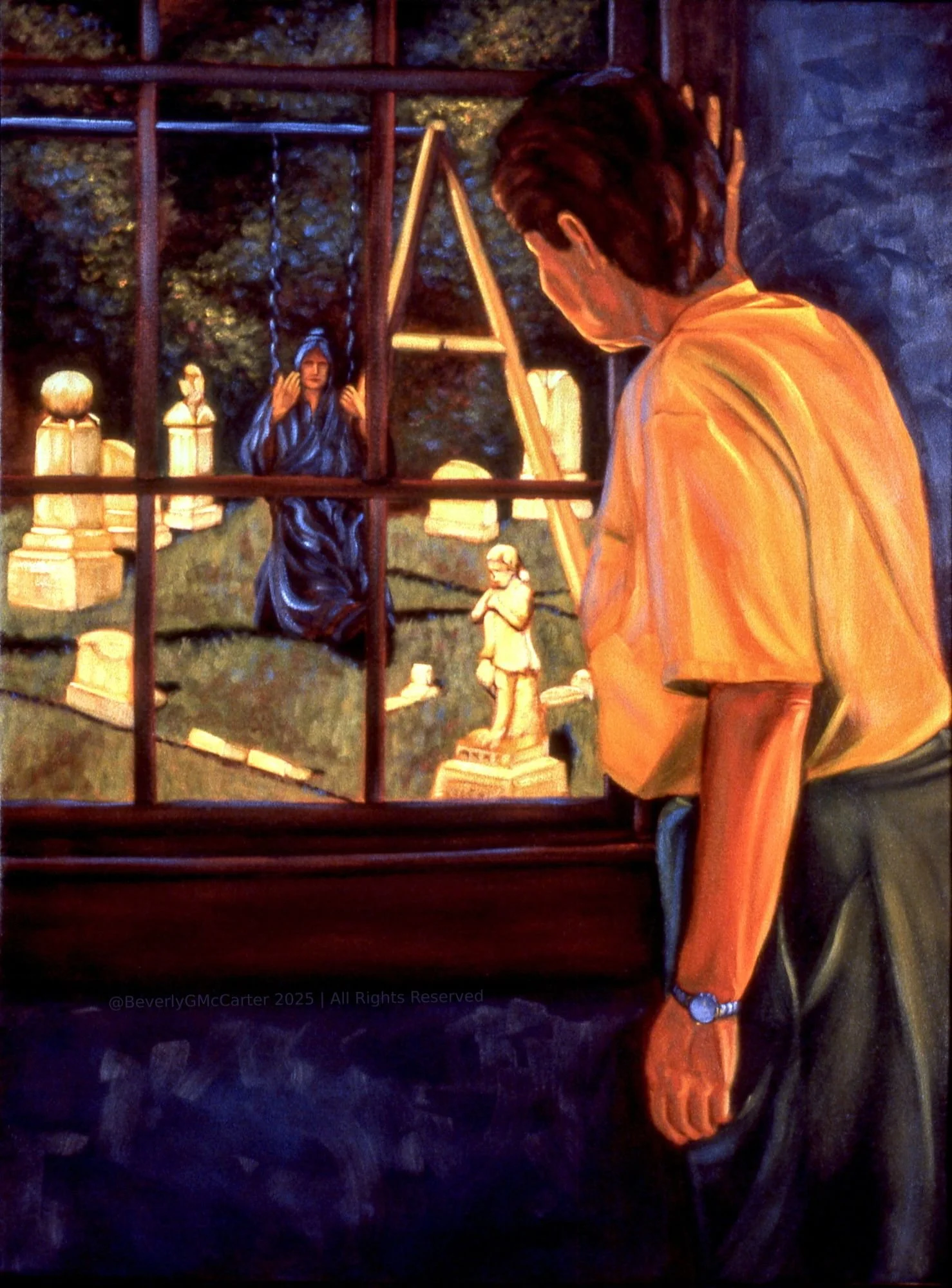 Beckoning oil painting by Beverly G. McCarter, person at window viewing cemetery with statues and hooded figure, evoking reflection, 1995, 24x30 inches on canvas.