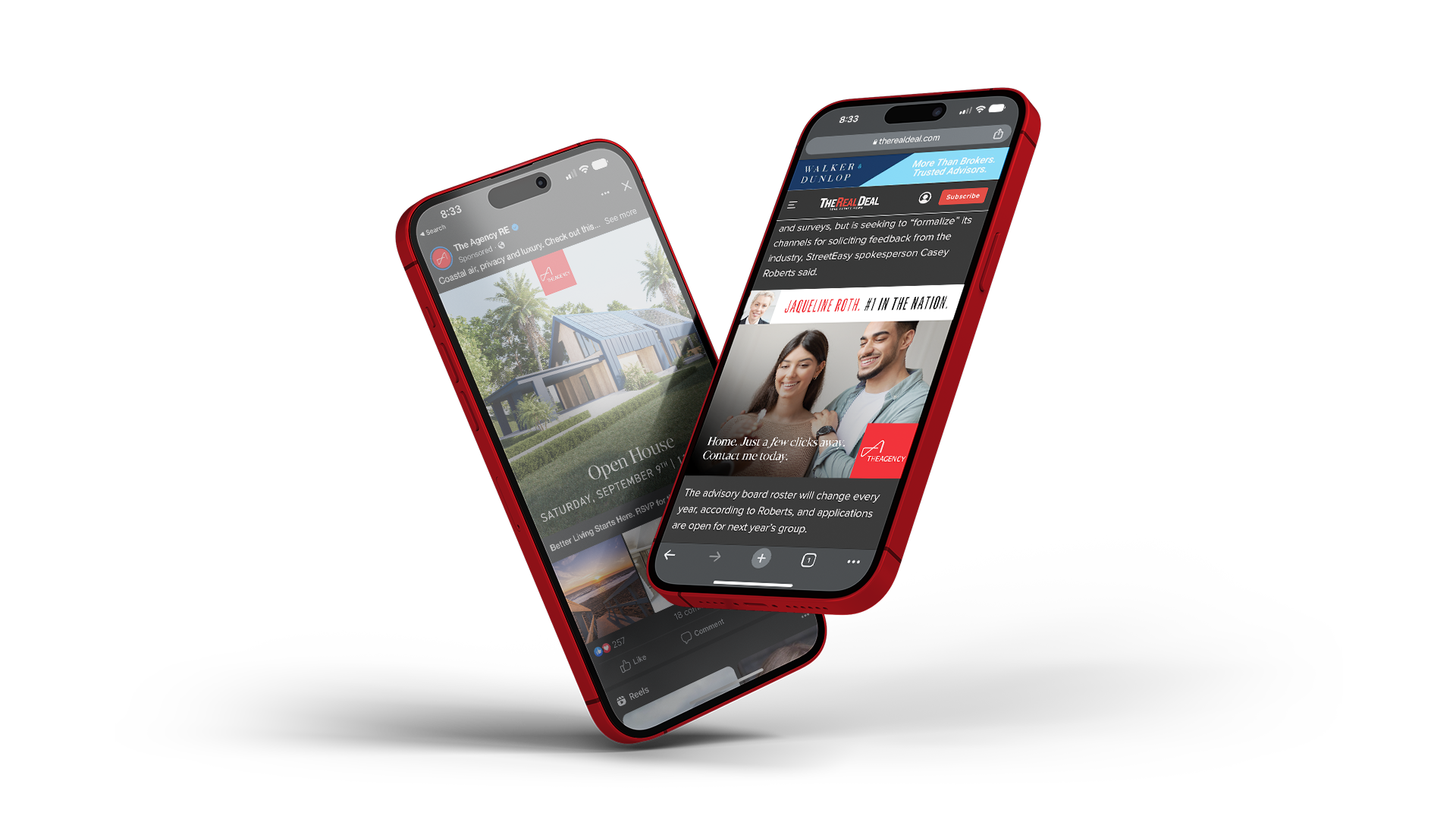Two red smartphones floating over a dark background, displaying different real estate and news websites.