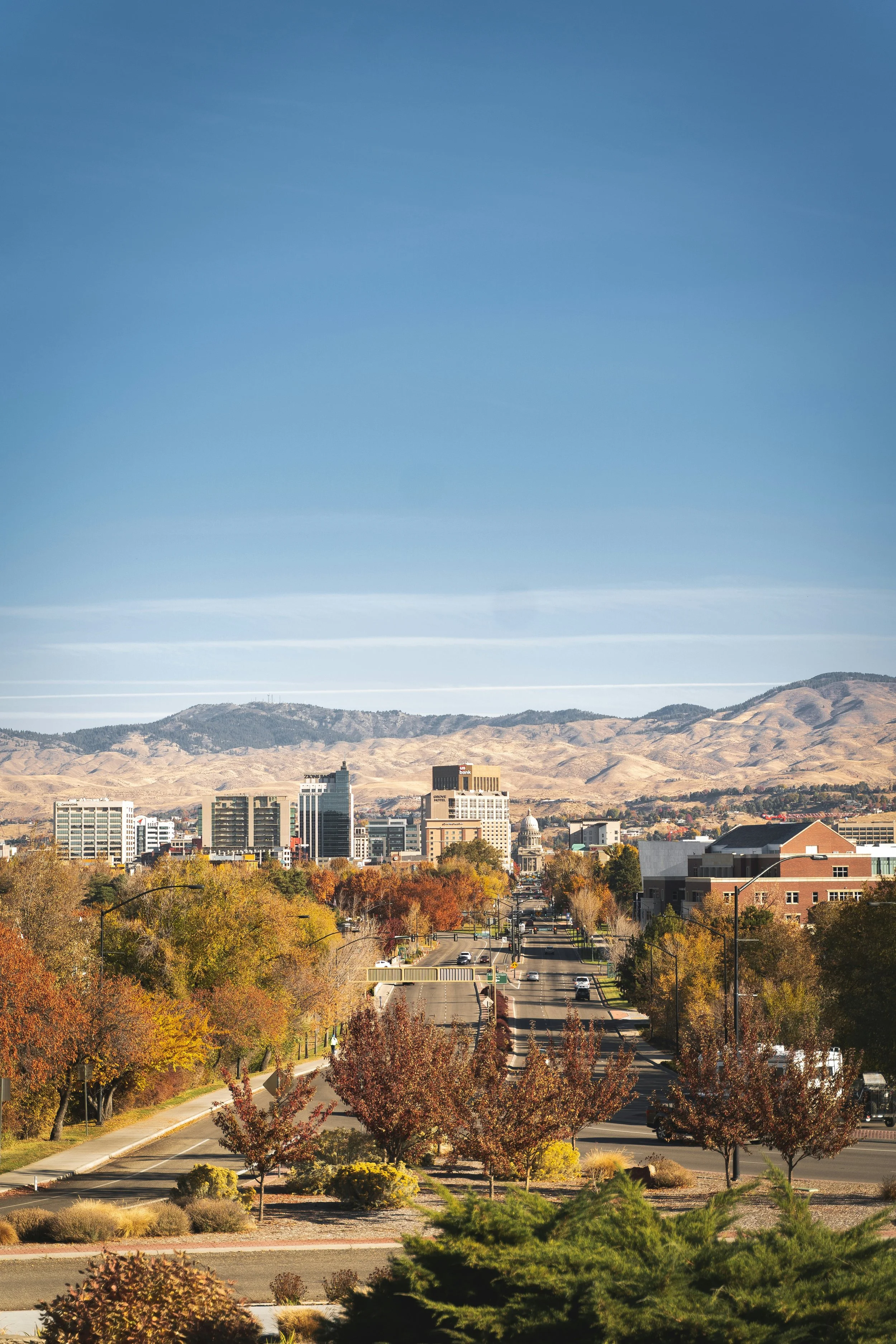 Boise, Idaho cityscape with a downtown views, trees and foothills.