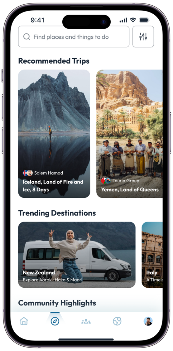 Smartphone screen showing a travel app with recommended trips to Iceland and Yemen, trending destinations to New Zealand and Italy, and community highlights at the bottom