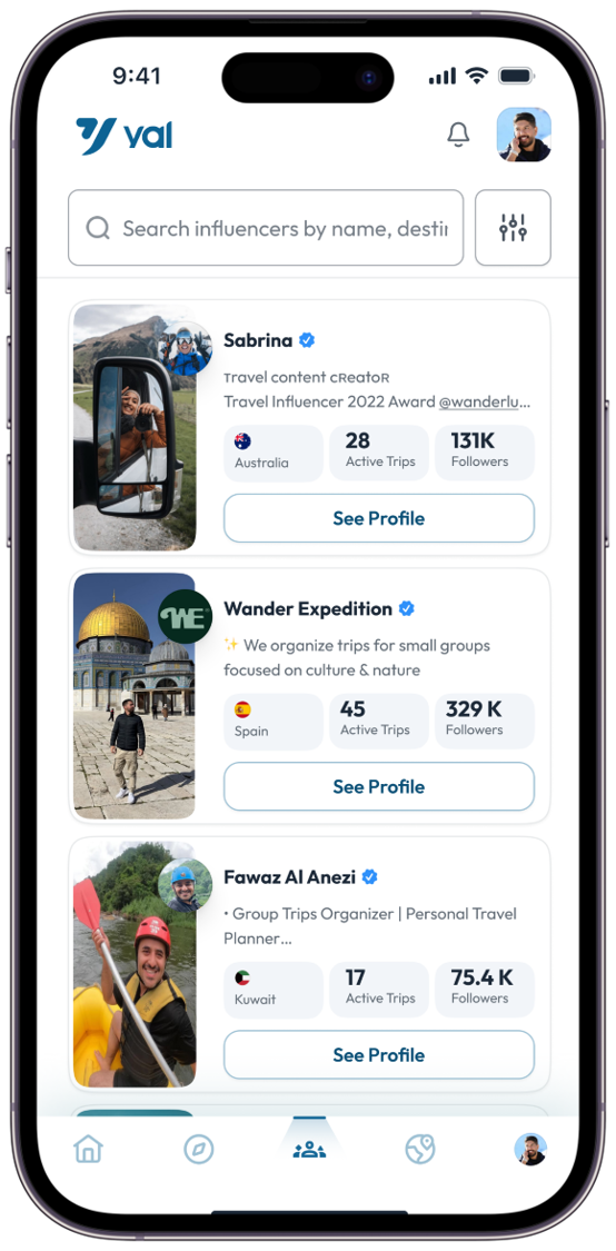 Mobile screen showing a travel influencer app with profiles of Sabrina from Australia, Wander Expedition from Spain, and Fawaz Al Anez from Kuwait, with profile pictures, active trip counts, follower counts, and 'See Profile' buttons.