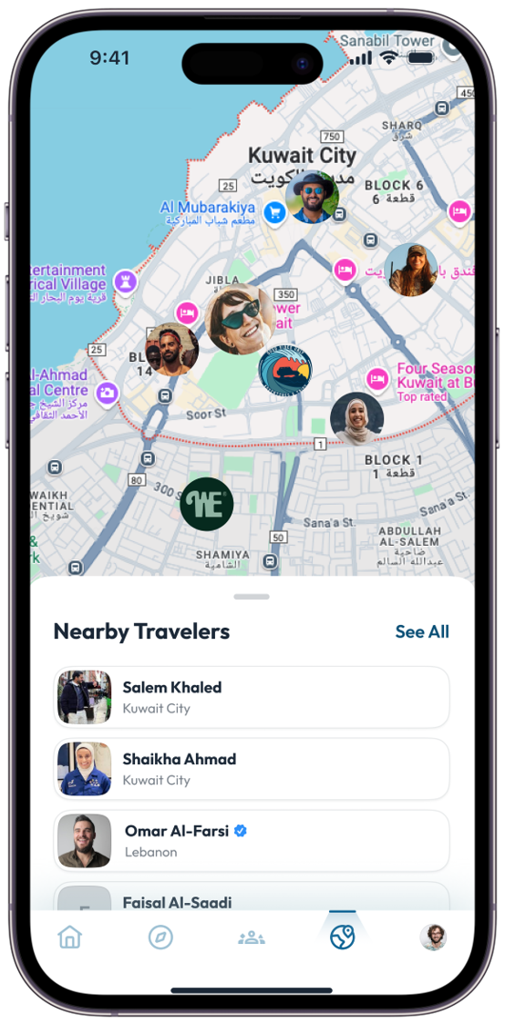 A smartphone displaying a map of Kuwait City with photos of nearby travelers, including Salem Khaled, Shaikha Ahmad, and Omar Al-Farsi, along with navigation icons and travel information.