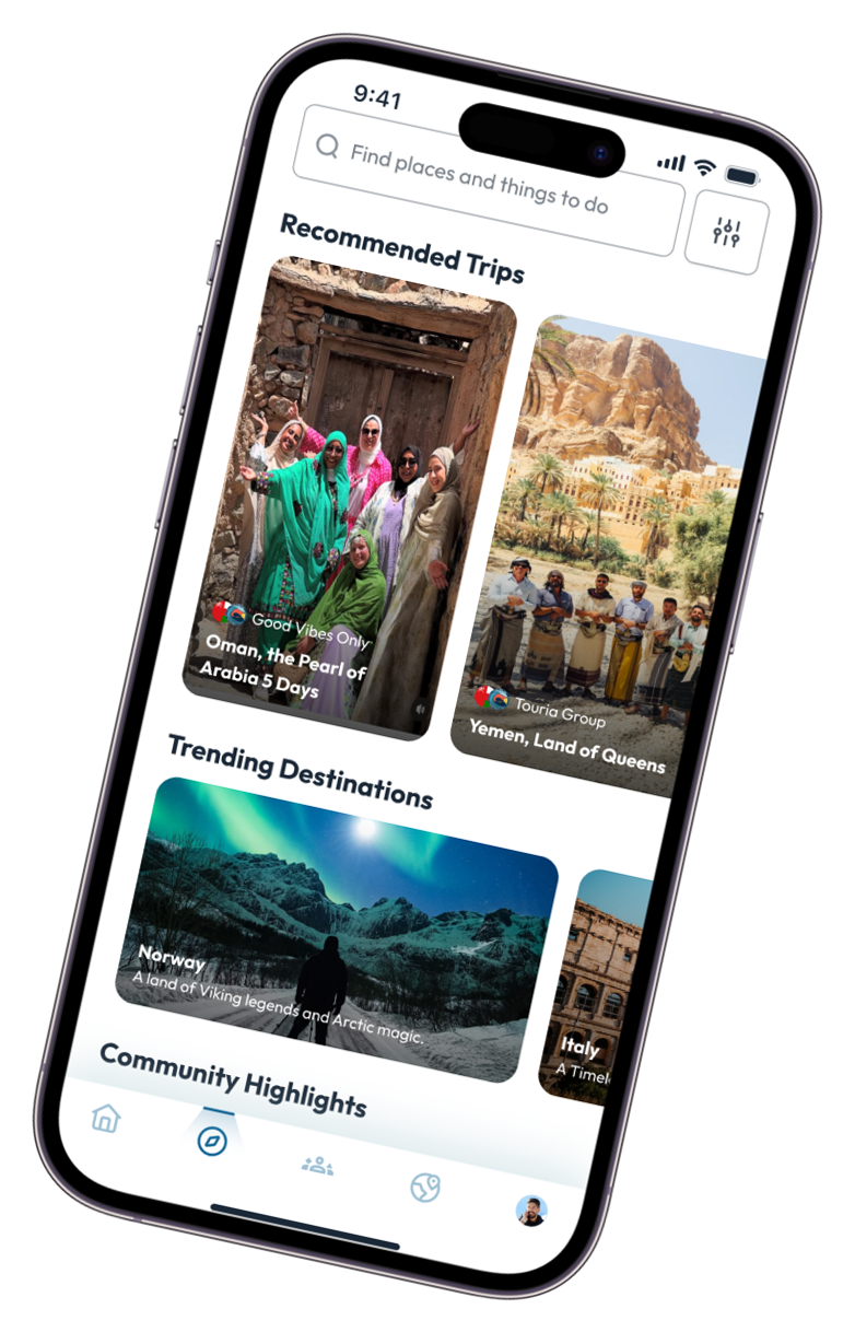 Smartphone screen displaying a travel app with recommended trips to Oman and Yemen, trending destinations to Norway and Italy, and community highlights.
