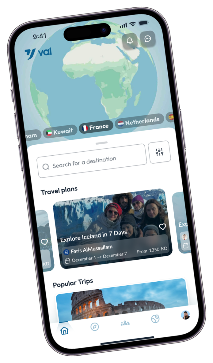 Smartphone displaying a travel app interface with a globe map at the top, a search bar, sections for travel plans and popular trips, and a navigation menu at the bottom.