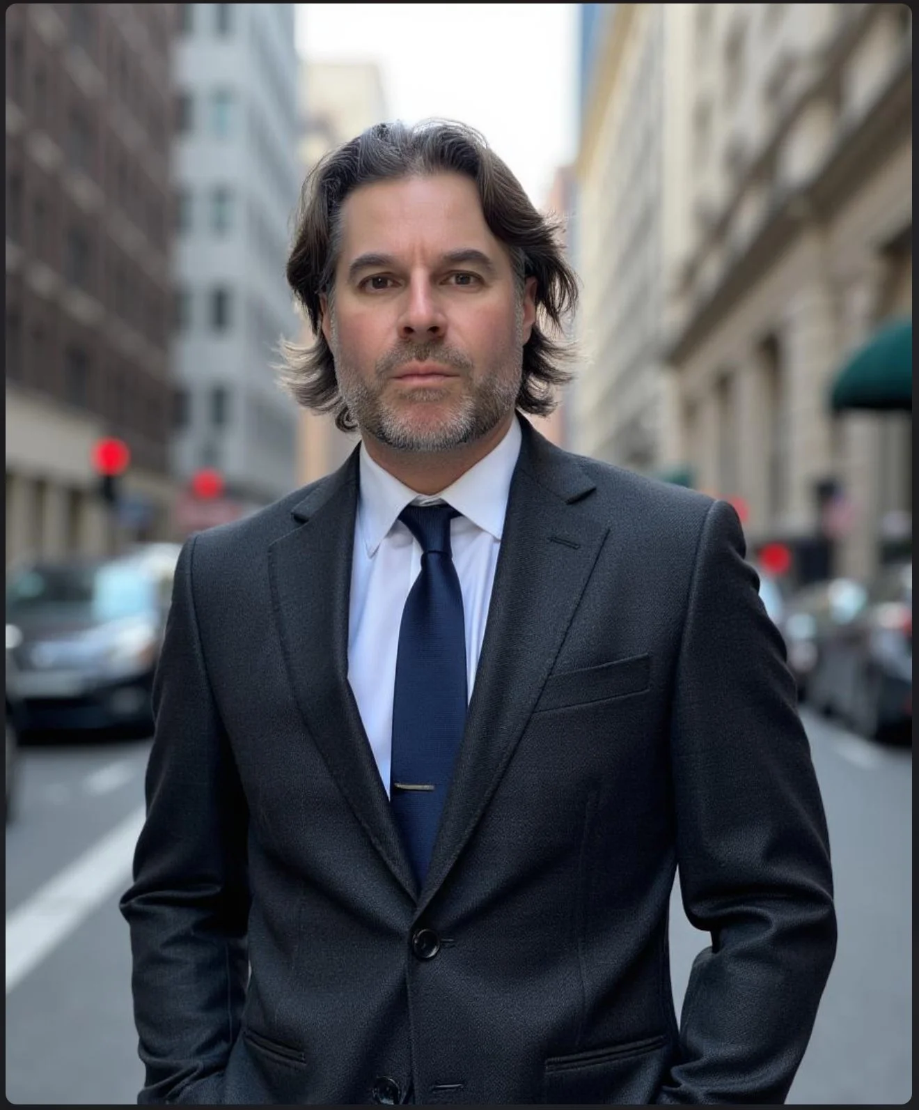 A man with shoulder-length dark hair, beard, and mustache, wearing a dark suit with a white shirt and dark tie, standing on a city street with blurred buildings and cars in the background.