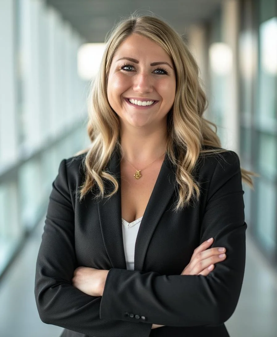 A smiling woman in a black blazer with blonde hair standing in a modern office corridor.