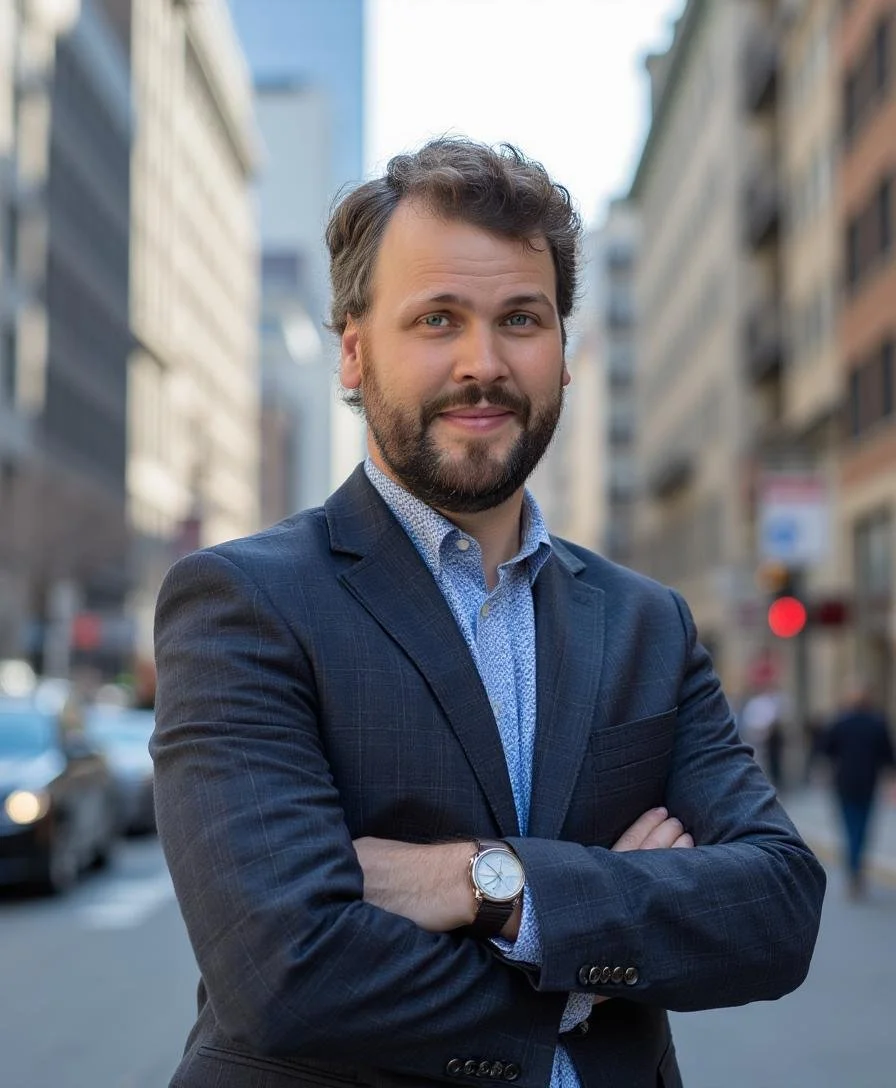 A man in a business suit with crossed arms standing on a city street.