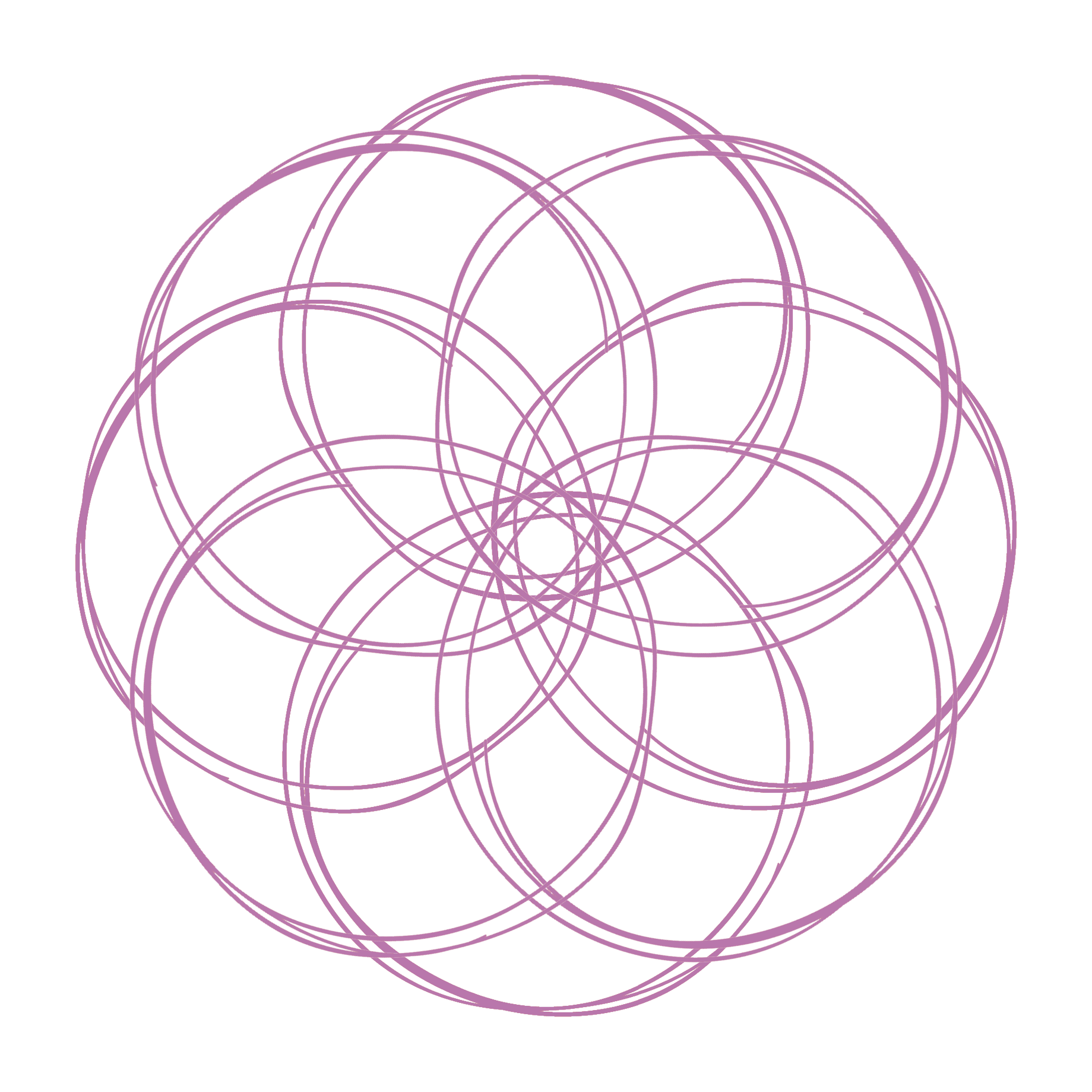 A digital illustration featuring layered pink circles on a black background, forming a geometric pattern.