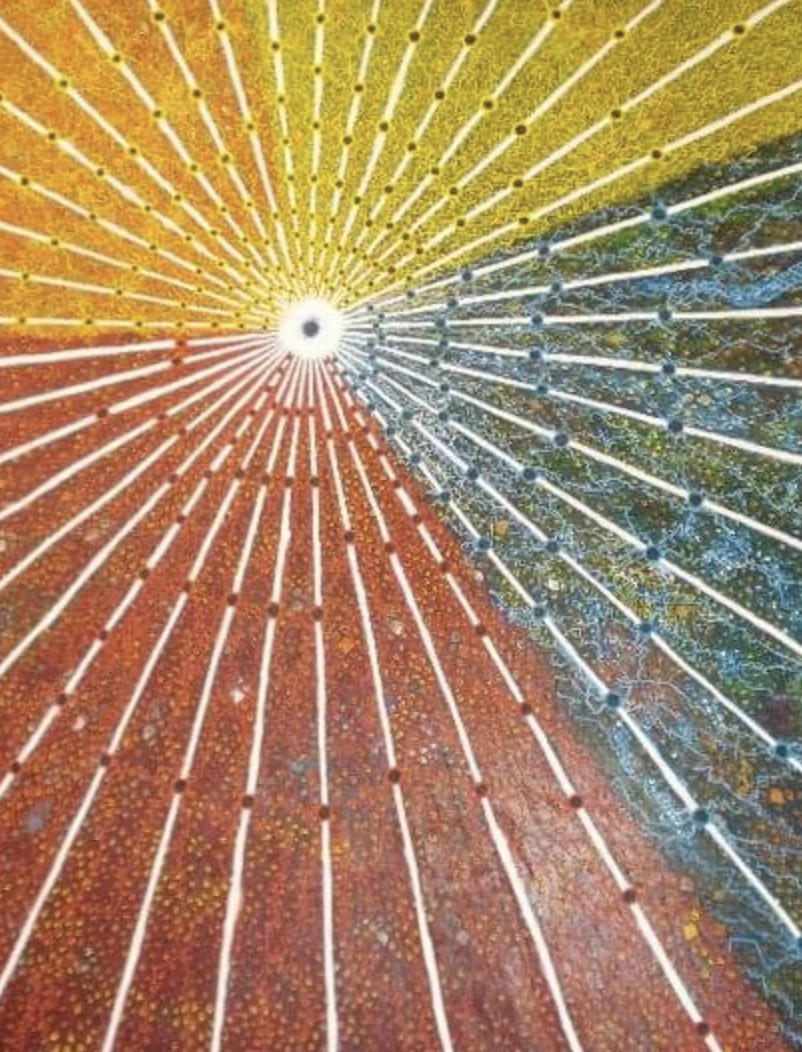 Close-up of a colorful umbrella with white spokes and a rainbow pattern as seen from underneath.