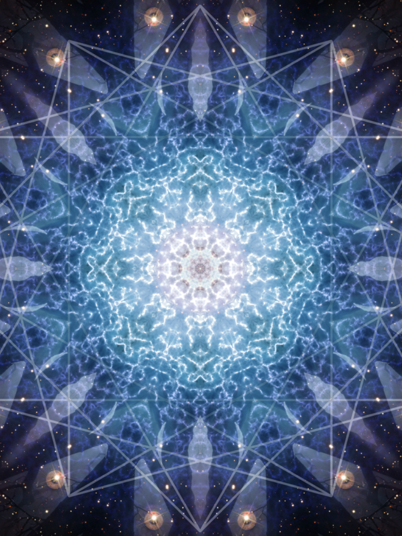 A symmetrical, kaleidoscopic digital artwork featuring glowing, electric blue and white lightning patterns with geometric shapes and star-like spots against a dark cosmic background.
