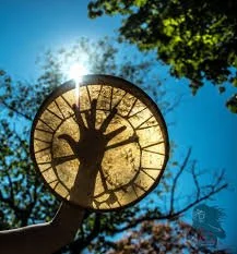 Clock with tree branches reflecting on its face, set against a blue sky with sunlight and green trees.