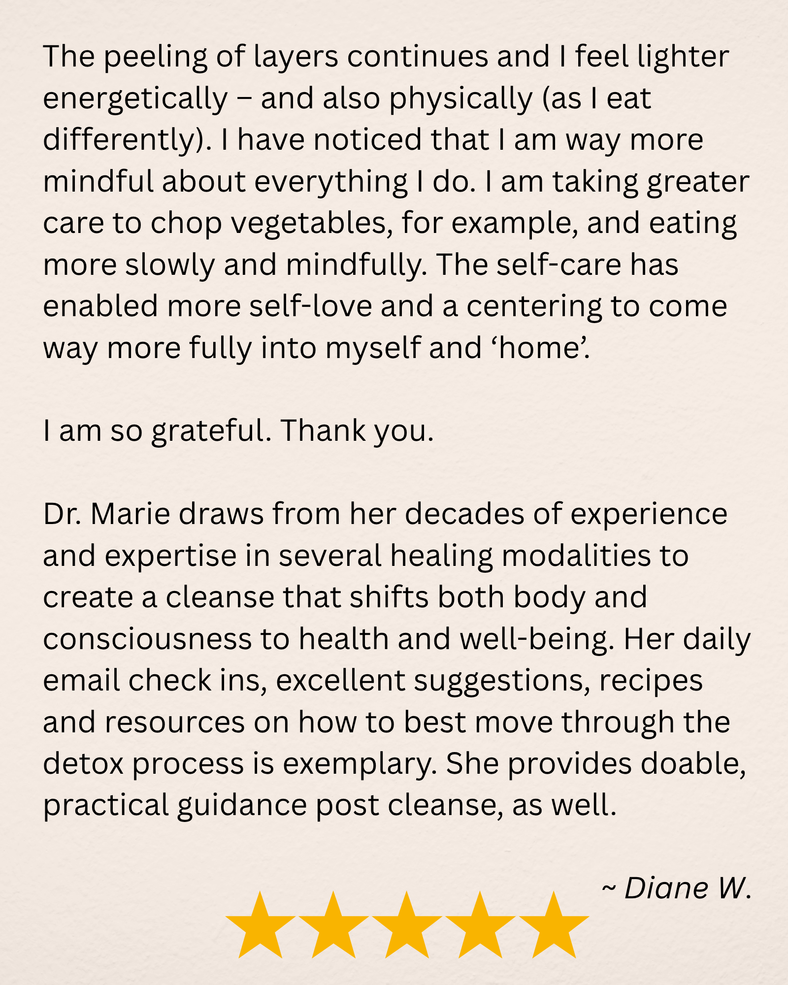 A handwritten review or testimonial on textured paper praising Dr. Marie's healing expertise, with a five-star rating at the bottom.