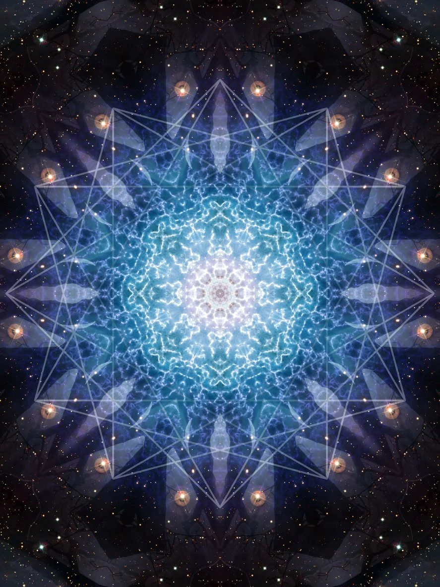A symmetrical, glowing, cosmic mandala with intricate patterns of light, resembling a kaleidoscope, set against a starry night sky with faint tree branches in the background.