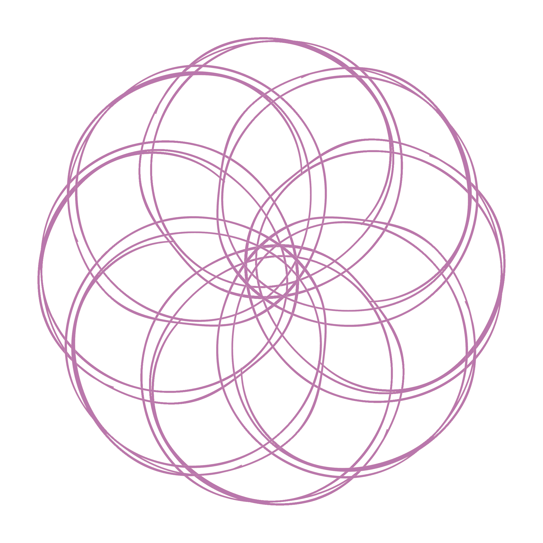 A geometric design featuring multiple intersecting pink circles on a black background.