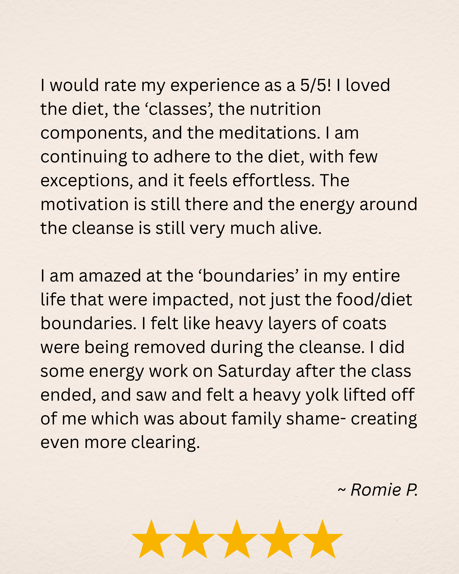 A written review expressing a 5-star experience with a diet and cleanse program, mentioning positive feelings about the diet, meditation, and energy work, with a five-star rating depicted in gold stars.