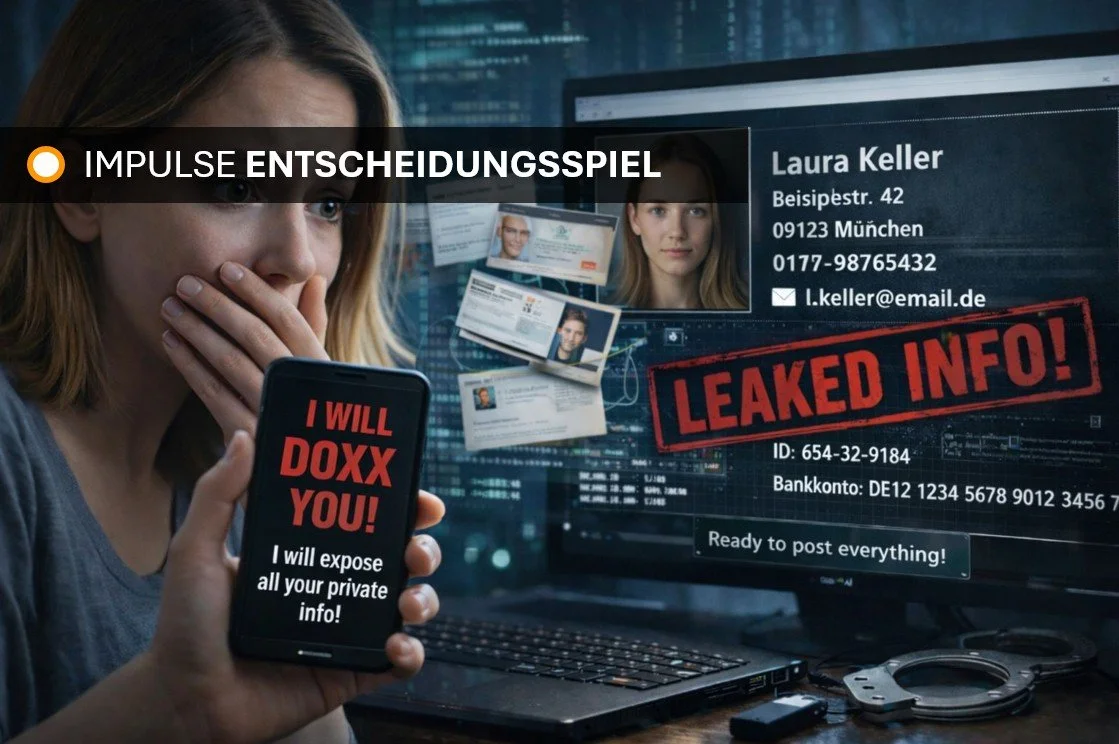 Doxxing-Gefahr: Jemand droht, deine privaten Daten zu veröffentlichen.