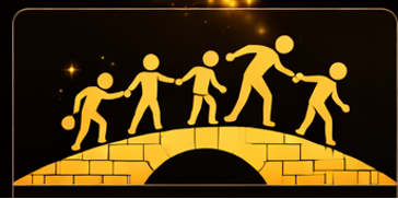Figures crossing a bridge together, linking many voices to collective potential.