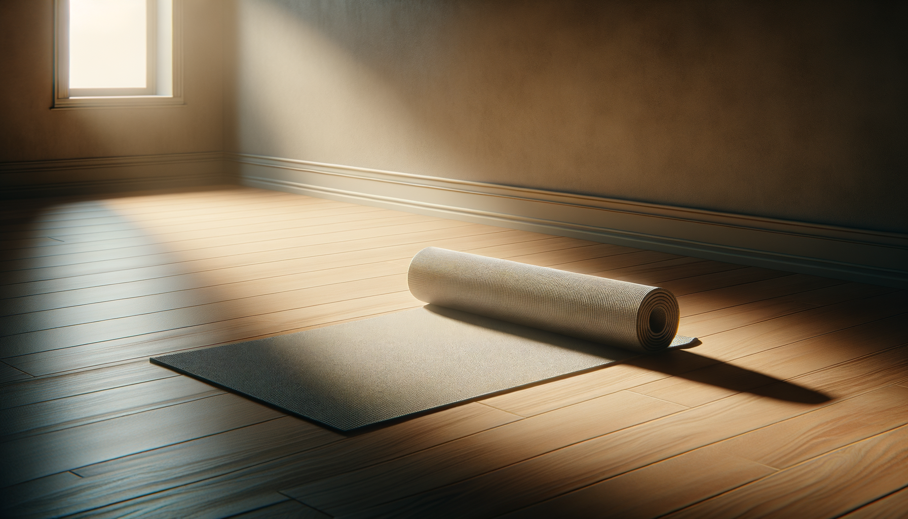 Unrolled yoga mat on a small rug in a sunlit room with hardwood floors and a window.