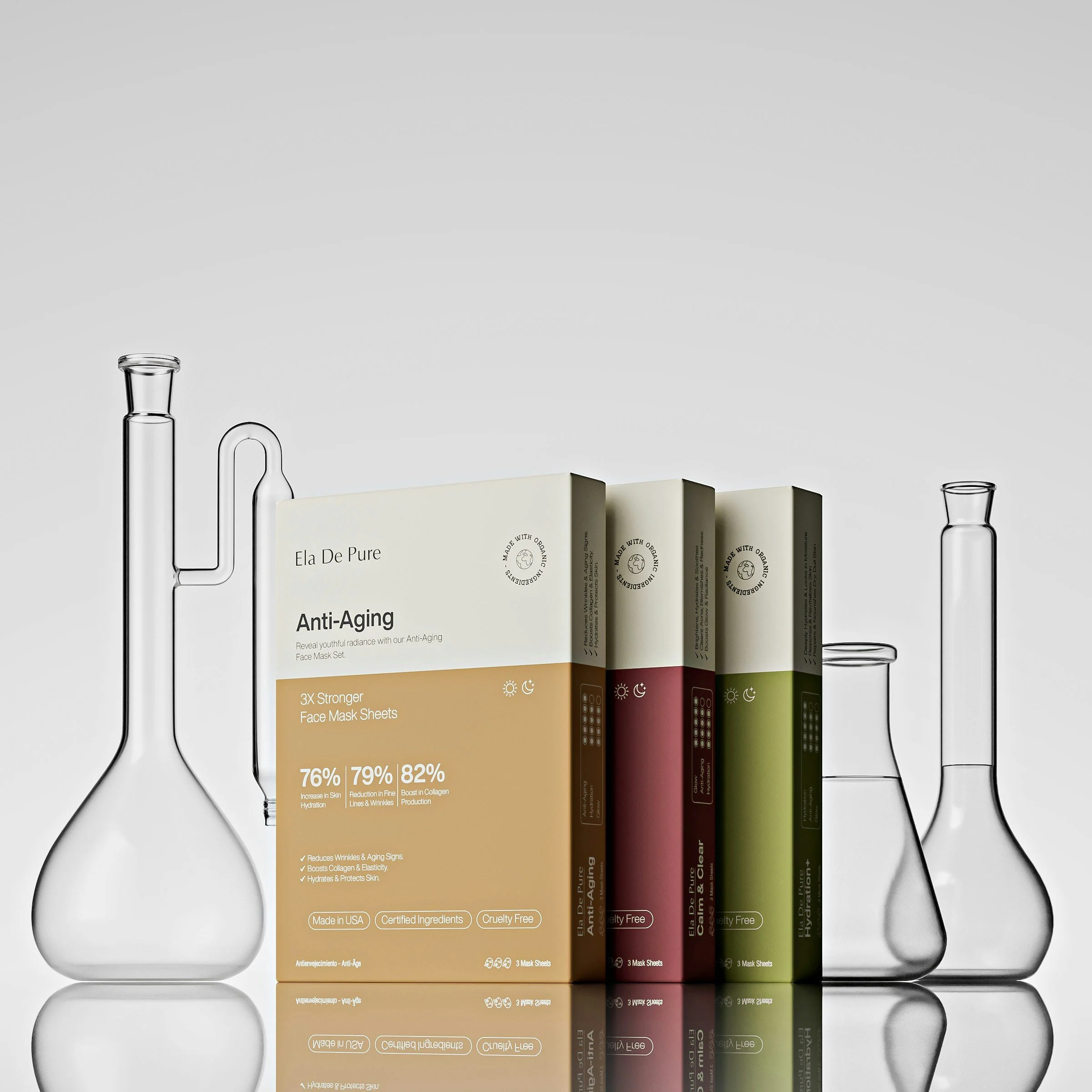 Three boxes of Ela De Pure face masks in front of glass lab flasks, with a light grey background.