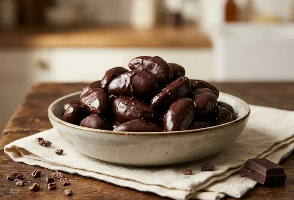 A minimalist, earthy kitchen scene showing chocolate covered Brazil nuts, a rich source of selenium for natural thyroid and metabolic support.