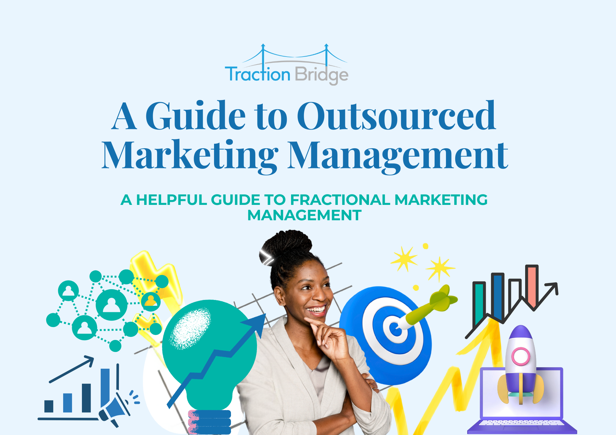 Cover image of a guide titled 'A Guide to Outsourced Marketing Management' with various marketing icons and a smiling woman in the center.