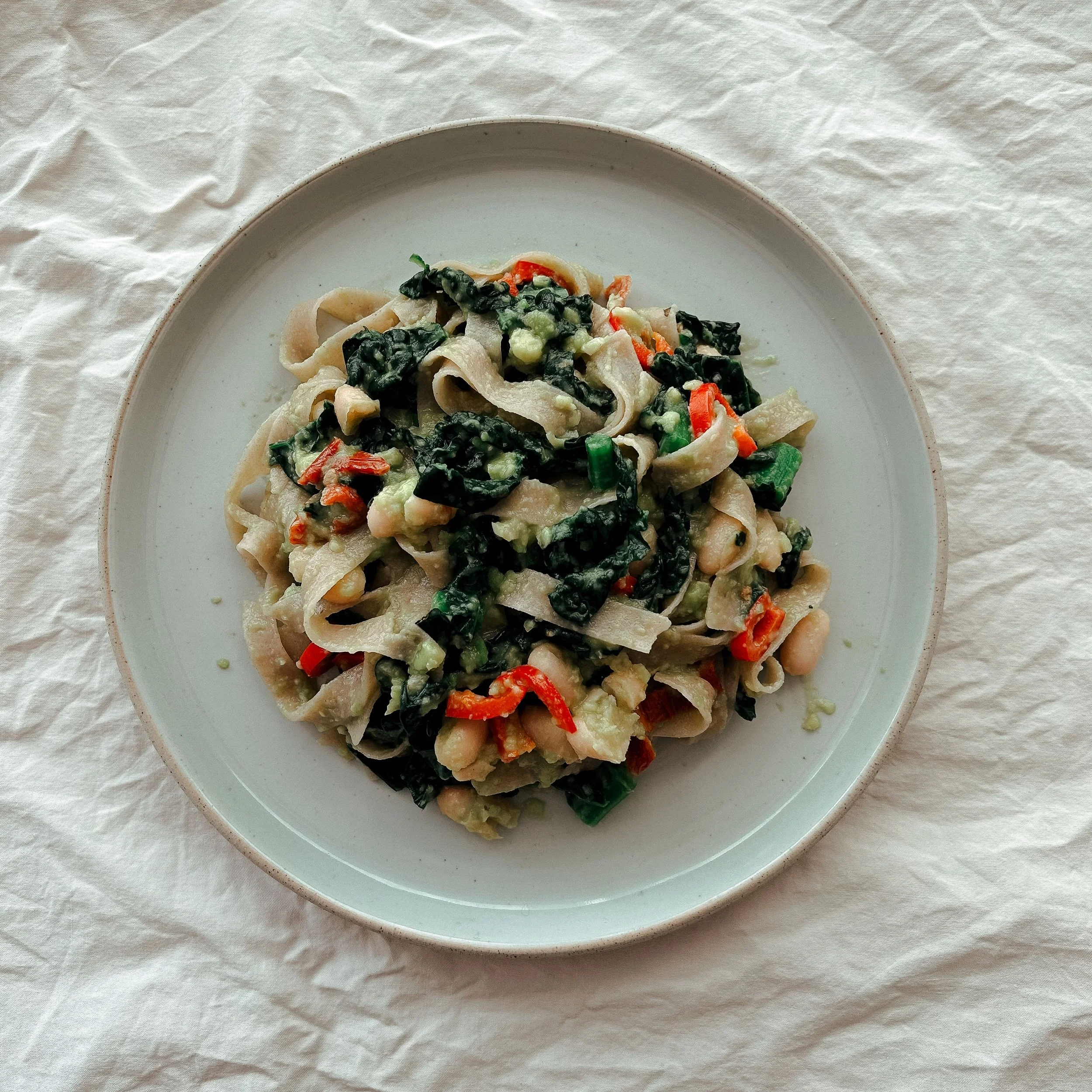Healthy and Delicious Vegan Artisan Buckwheat Pasta with Creamy Avocado Sauce, Cannellini Beans, Canova Nelo by Sacred NourishSophie