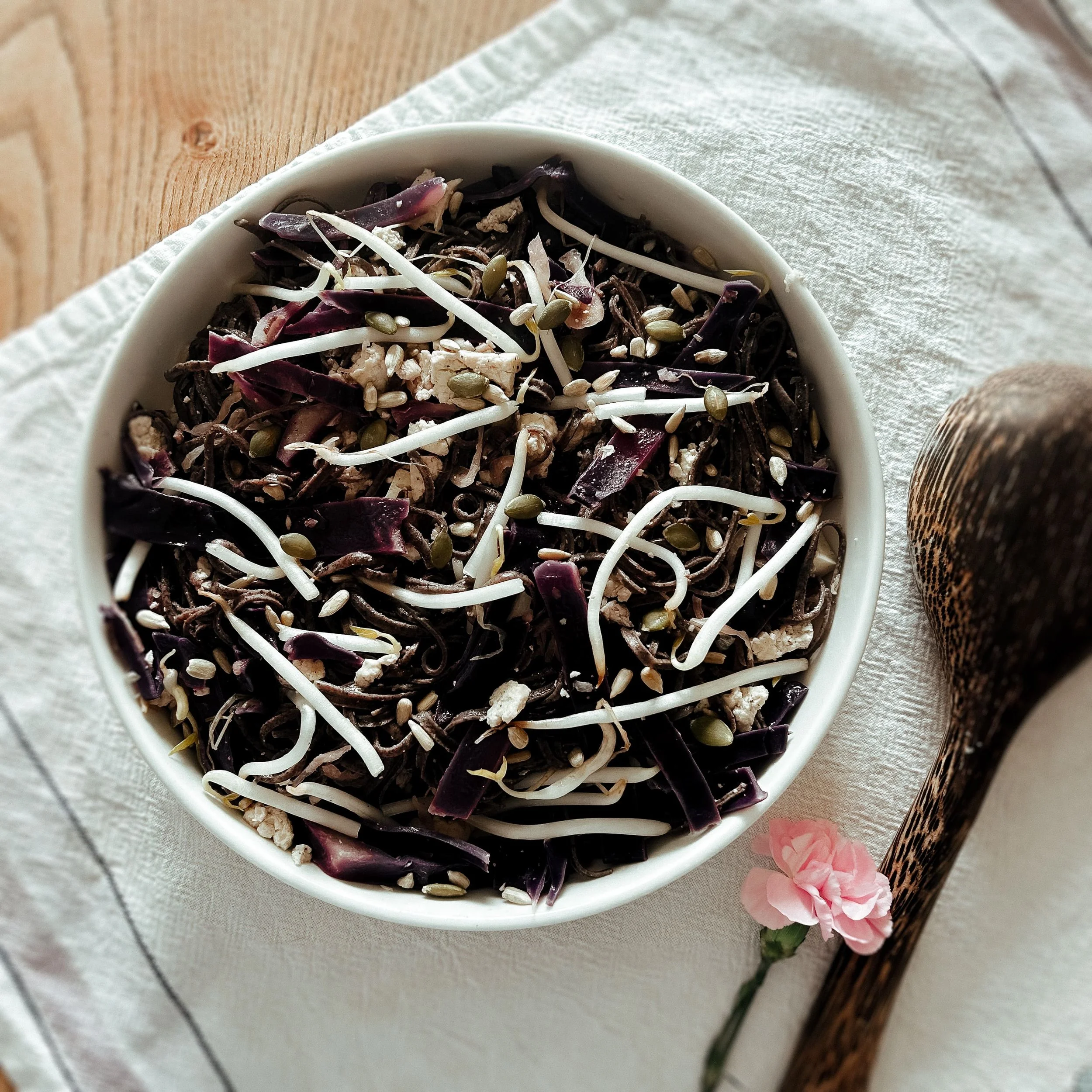 Artisanal-Black-Bean-Spaghetti-with-Tofu-Red-Cabbage-Sauerkraut-with-powerful-anti-oxidant-and-anti-inflammation-properties-created-by-Sacred-Nourish-vegan-meal-prep-in-London