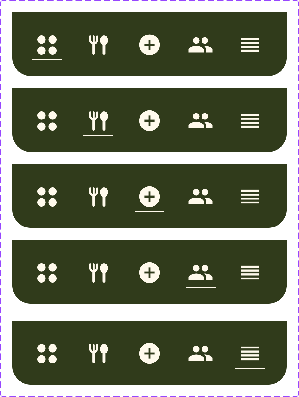 This image shows a mobile app interface with five rows of icons on a dark green background. Each row contains five icons: a four-dot grid, a fork and knife, a plus sign inside a circle, two people icons, and three horizontal lines.