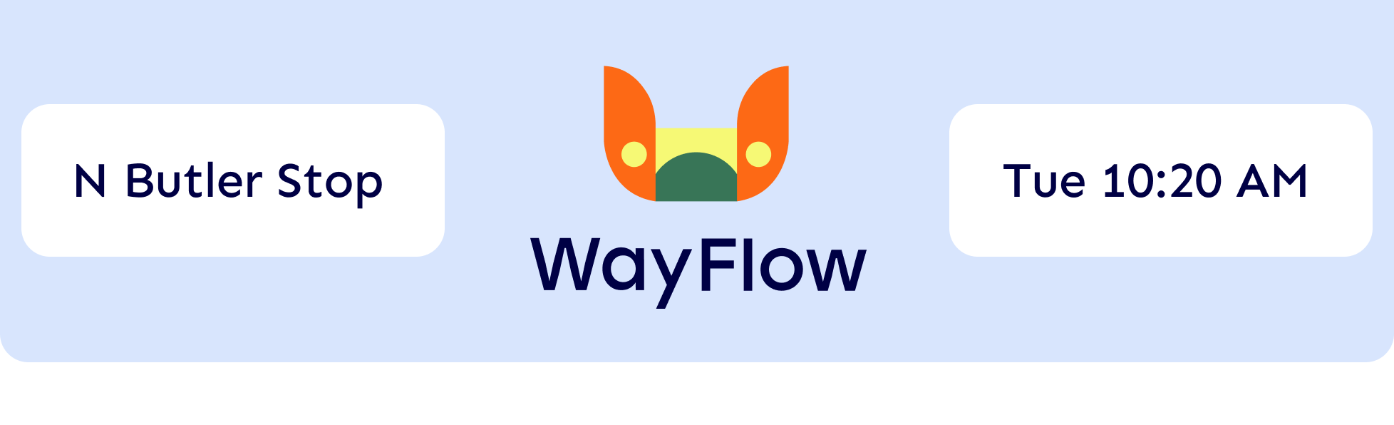 Public transit itinerary screen displaying route from N Butler Stop to WayFlow on Tuesday at 10:20 AM, with a stylized butterfly logo.